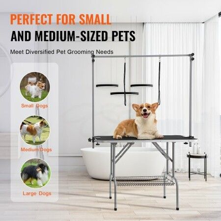 Pet Grooming Table Two Arms with Clamp, 117cm Dog Grooming Station, Foldable Pets Grooming Stand for Medium and Small Dogs, Free Two No Sit Haunch Holder with Grooming Loop, Bearing 149.7kg