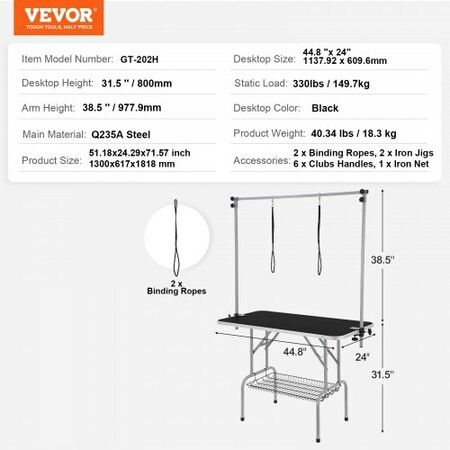 Pet Grooming Table Two Arms with Clamp, 117cm Dog Grooming Station, Foldable Pets Grooming Stand for Medium and Small Dogs, Free Two No Sit Haunch Holder with Grooming Loop, Bearing 149.7kg