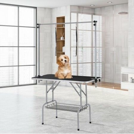 Pet Grooming Table Two Arms with Clamp, 117cm Dog Grooming Station, Foldable Pets Grooming Stand for Medium and Small Dogs, Free Two No Sit Haunch Holder with Grooming Loop, Bearing 149.7kg