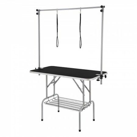 Pet Grooming Table Two Arms with Clamp, 117cm Dog Grooming Station, Foldable Pets Grooming Stand for Medium and Small Dogs, Free Two No Sit Haunch Holder with Grooming Loop, Bearing 149.7kg