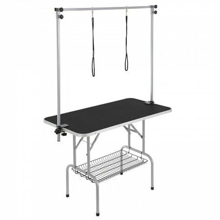 Pet Grooming Table Two Arms with Clamp, 117cm Dog Grooming Station, Foldable Pets Grooming Stand for Medium and Small Dogs, Free Two No Sit Haunch Holder with Grooming Loop, Bearing 149.7kg