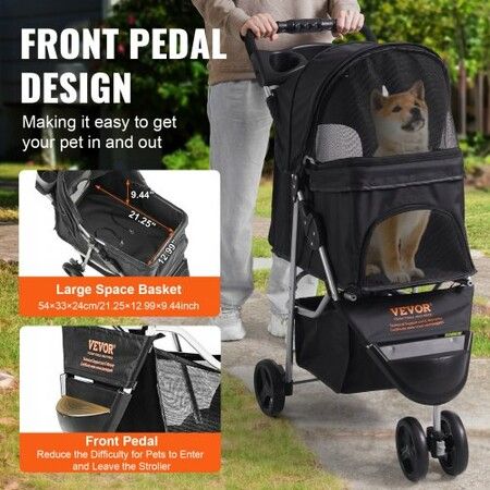 Pet Stroller, 3 Wheels Dog Stroller Rotate with Brakes, 35lbs Weight Capacity, Puppy Stroller with Front Pedal, Velcro, Storage Basket and Cup Holder, for Dogs and Cats Travel, Black