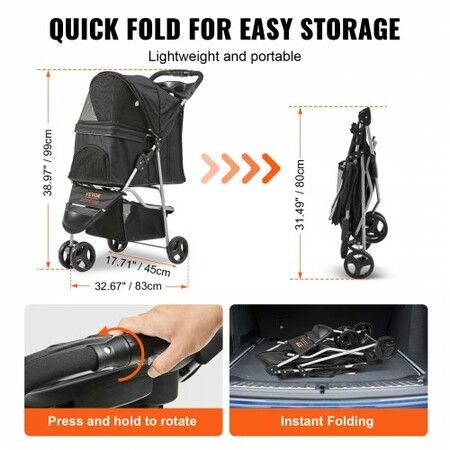 Pet Stroller, 3 Wheels Dog Stroller Rotate with Brakes, 35lbs Weight Capacity, Puppy Stroller with Front Pedal, Velcro, Storage Basket and Cup Holder, for Dogs and Cats Travel, Black