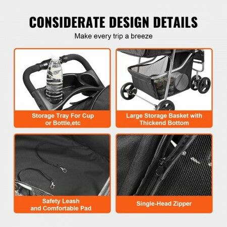 Pet Stroller, 3 Wheels Dog Stroller Rotate with Brakes, 35lbs Weight Capacity, Puppy Stroller with Front Pedal, Velcro, Storage Basket and Cup Holder, for Dogs and Cats Travel, Black