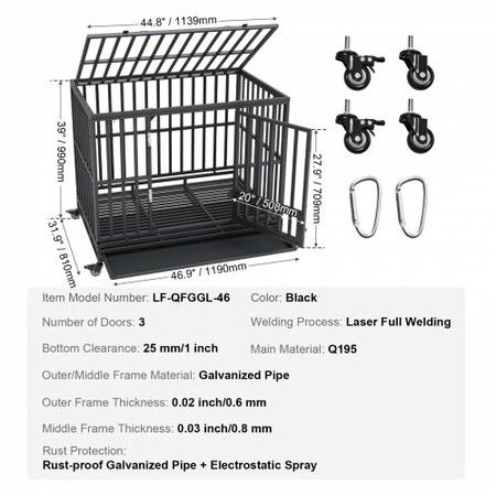 47 Inch Heavy Duty Dog Crate, Indestructible Dog Crate, 3-Door Heavy Duty Dog Kennel for Medium to Large Dogs with Lockable Wheels and Removable Tray, High Anxiety Dog Crate for Indoor & Outdoor