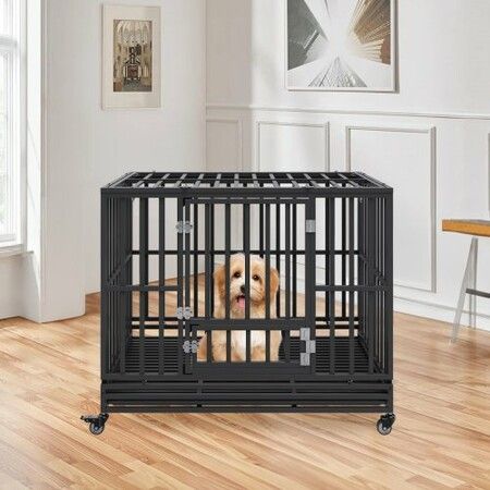 47 Inch Heavy Duty Dog Crate, Indestructible Dog Crate, 3-Door Heavy Duty Dog Kennel for Medium to Large Dogs with Lockable Wheels and Removable Tray, High Anxiety Dog Crate for Indoor & Outdoor