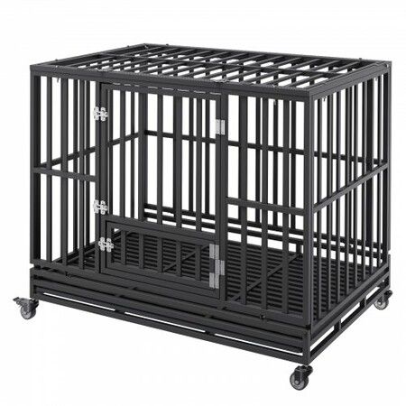 47 Inch Heavy Duty Dog Crate, Indestructible Dog Crate, 3-Door Heavy Duty Dog Kennel for Medium to Large Dogs with Lockable Wheels and Removable Tray, High Anxiety Dog Crate for Indoor & Outdoor