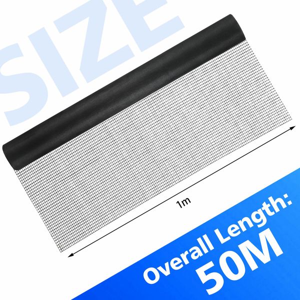 Fly Window Screen Mesh 50x1m Mosquito Netting Privacy Balcony Insect Bug Pet Door Net Sun Shade Fibreglass Roll Black for Porch Garden Patio