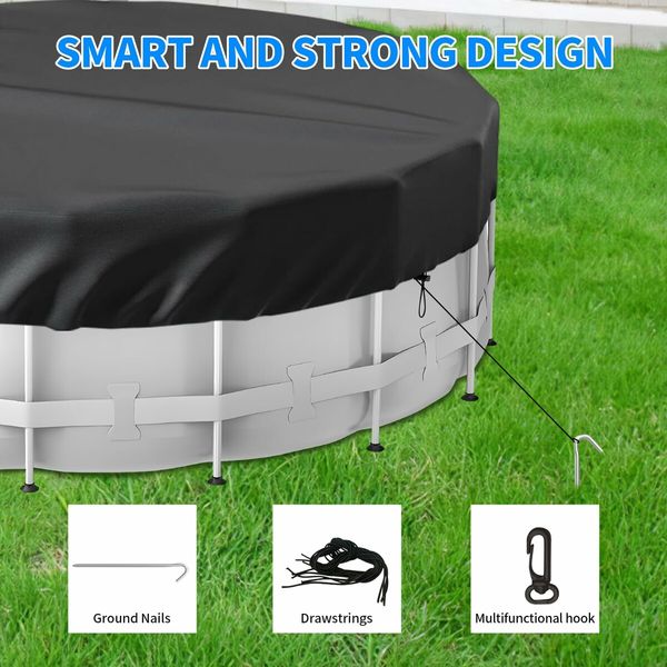 18 Ft Round Pool Cover,Solar Pool Covers for Above Ground Pools,Heavy Duty Winter Pool Cover Protector with Pool Accessories,PE Tarp Ideal for Waterproof and Dustproof (Black)