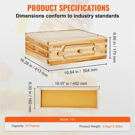 Bee Hive Medium Box Starter Kit, 100% Beeswax Coated Natural Cedar Wood, Langstroth Beehive Kit with 10 Frames and Foundations, Transparent Acrylic Bee Windows for Beginners and Pro Beekeepers