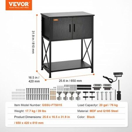 Aquarium Stand, 20 Gallon Fish Tank Stand, 25.6 x 16.5 x 31.9 in Steel and MDF Turtle Tank Stand, 167.6 lbs Load Capacity, Reptile Tank Stand with Storage Cabinet and Embedded Power Panel, Black