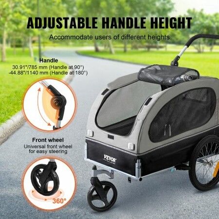 Dog Bike Trailer, Supports up to 40 kg, 2-in-1 Pet Stroller Cart Bicycle Carrier, Easy Folding Cart Frame with Quick Release Wheels, Universal Bicycle Coupler, Reflectors, Flag, Black/Gray