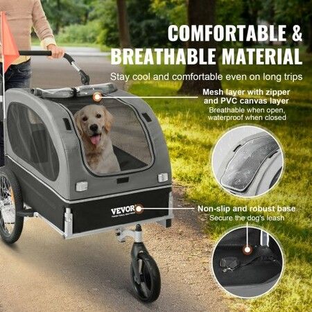 Dog Bike Trailer, Supports up to 40 kg, 2-in-1 Pet Stroller Cart Bicycle Carrier, Easy Folding Cart Frame with Quick Release Wheels, Universal Bicycle Coupler, Reflectors, Flag, Black/Gray