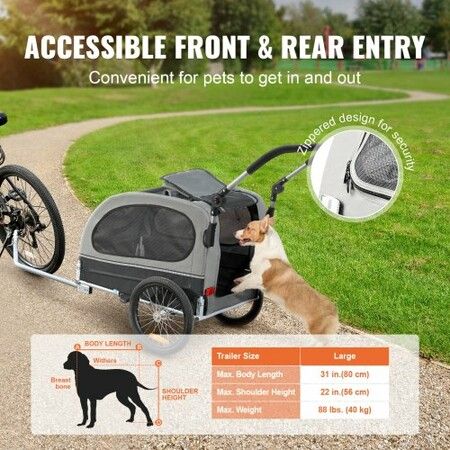 Dog Bike Trailer, Supports up to 40 kg, 2-in-1 Pet Stroller Cart Bicycle Carrier, Easy Folding Cart Frame with Quick Release Wheels, Universal Bicycle Coupler, Reflectors, Flag, Black/Gray