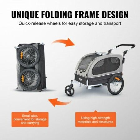 Dog Bike Trailer, Supports up to 40 kg, 2-in-1 Pet Stroller Cart Bicycle Carrier, Easy Folding Cart Frame with Quick Release Wheels, Universal Bicycle Coupler, Reflectors, Flag, Black/Gray