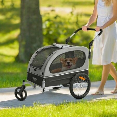 Dog Bike Trailer, Supports up to 40 kg, 2-in-1 Pet Stroller Cart Bicycle Carrier, Easy Folding Cart Frame with Quick Release Wheels, Universal Bicycle Coupler, Reflectors, Flag, Black/Gray