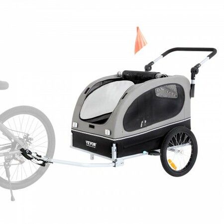 Dog Bike Trailer, Supports up to 40 kg, 2-in-1 Pet Stroller Cart Bicycle Carrier, Easy Folding Cart Frame with Quick Release Wheels, Universal Bicycle Coupler, Reflectors, Flag, Black/Gray