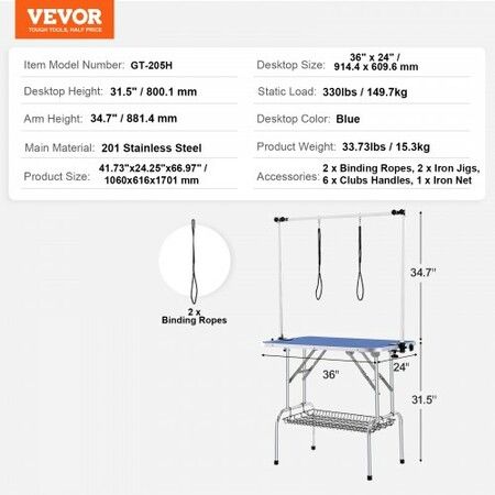 Pet Grooming Table Two Arms with Clamp, 915 x 610mm Dog Grooming Station, Foldable Pets Grooming Stand for Medium and Small Dogs, Free Two No Sit Haunch Holder with Grooming Loop, Bearing 150kg