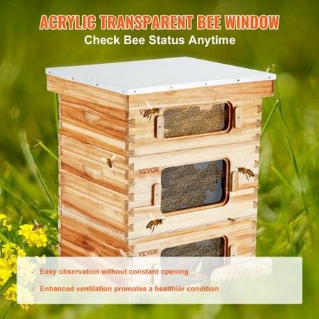 Bee Hive 30 Frame Bee Hives Starter Kit, Beeswax Coated Cedar Wood, 2 Deep + 1 Medium Bee Boxes Langstroth Beehive Kit, Transparent Acrylic Windows with Foundations for Beginners Pro Beekeepers