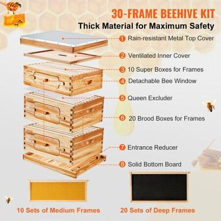 Bee Hive 30 Frame Bee Hives Starter Kit, Beeswax Coated Cedar Wood, 2 Deep + 1 Medium Bee Boxes Langstroth Beehive Kit, Transparent Acrylic Windows with Foundations for Beginners Pro Beekeepers