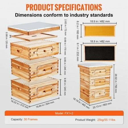 Bee Hive 30 Frame Bee Hives Starter Kit, Beeswax Coated Cedar Wood, 2 Deep + 1 Medium Bee Boxes Langstroth Beehive Kit, Transparent Acrylic Windows with Foundations for Beginners Pro Beekeepers