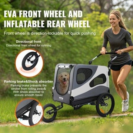 Dog Bike Trailer, Supports up to 45 kg, 2-in-1 Pet Stroller Cart Bicycle Carrier, Easy Folding Cart Frame with Quick Release Wheels, Universal Bicycle Coupler, Reflectors, Flag, Black/Gray