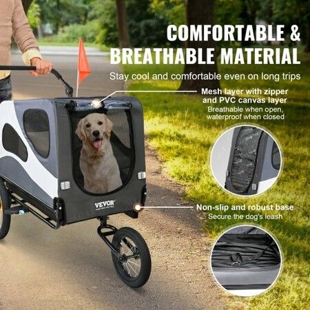 Dog Bike Trailer, Supports up to 45 kg, 2-in-1 Pet Stroller Cart Bicycle Carrier, Easy Folding Cart Frame with Quick Release Wheels, Universal Bicycle Coupler, Reflectors, Flag, Black/Gray