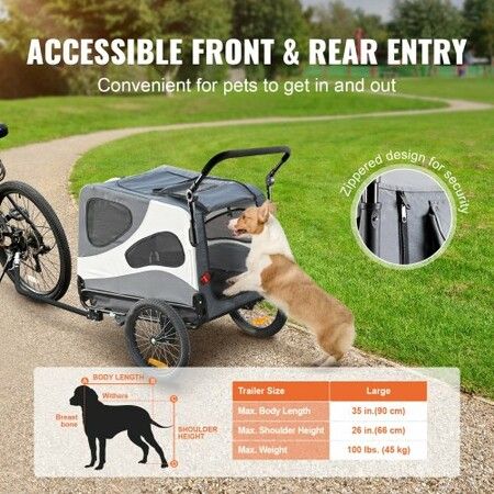 Dog Bike Trailer, Supports up to 45 kg, 2-in-1 Pet Stroller Cart Bicycle Carrier, Easy Folding Cart Frame with Quick Release Wheels, Universal Bicycle Coupler, Reflectors, Flag, Black/Gray