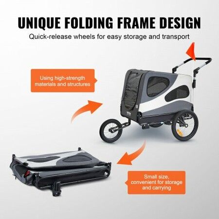 Dog Bike Trailer, Supports up to 45 kg, 2-in-1 Pet Stroller Cart Bicycle Carrier, Easy Folding Cart Frame with Quick Release Wheels, Universal Bicycle Coupler, Reflectors, Flag, Black/Gray