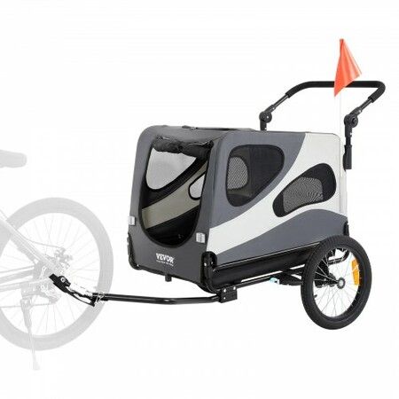 Dog Bike Trailer, Supports up to 45 kg, 2-in-1 Pet Stroller Cart Bicycle Carrier, Easy Folding Cart Frame with Quick Release Wheels, Universal Bicycle Coupler, Reflectors, Flag, Black/Gray