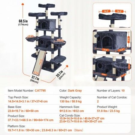 Cat Tree 174 cm Cat Tower for Indoor Cats with Cat Condos Scratching Post
