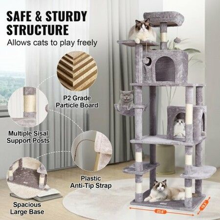 Cat Tree 174 cm Cat Tower with Cat Condos Sisal Scratching Post Light Grey