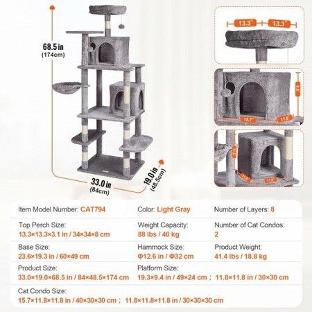 Cat Tree 174 cm Cat Tower with Cat Condos Sisal Scratching Post Light Grey