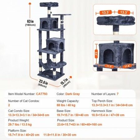 Cat Tree 160 cm Cat Tower with 2 Cat Condos Scratching Post Light Grey