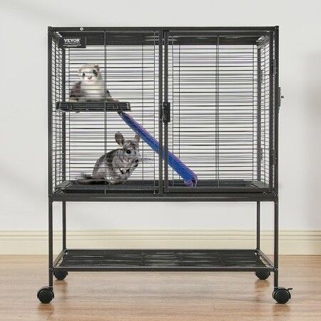 36" Metal Small Animal Cage 2-Tier Rolling Ferret Cage with Tray A Ramp