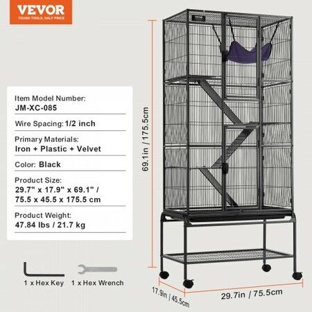 69" Metal Small Animal Cage 4-Tier Rolling Ferret Cage with Tray 3 Ramps