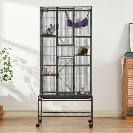 69" Metal Small Animal Cage 4-Tier Rolling Ferret Cage with Tray 3 Ramps