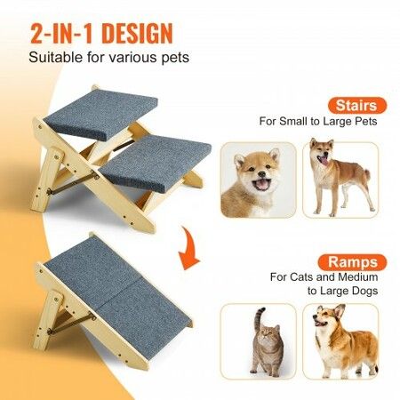 Wood Pet Stairs/Pet Steps, 2-in-1 Foldable Wooden Dog Stair for Beds, Sofa and Cars, Dog Stairs & Ramp with 2 Steps for Small Medium Large Pet, up to 110 lbs