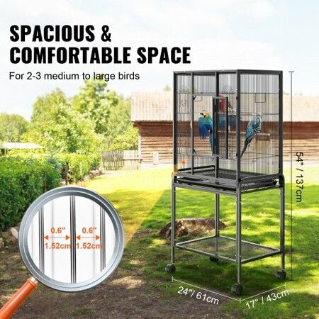 54 inch Standing Large Bird Cage, Carbon Steel Flight Bird Cage for Parakeets, Cockatiels, Parrots, Macaw with Rolling Stand and Tray