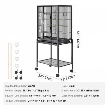 54 inch Standing Large Bird Cage, Carbon Steel Flight Bird Cage for Parakeets, Cockatiels, Parrots, Macaw with Rolling Stand and Tray