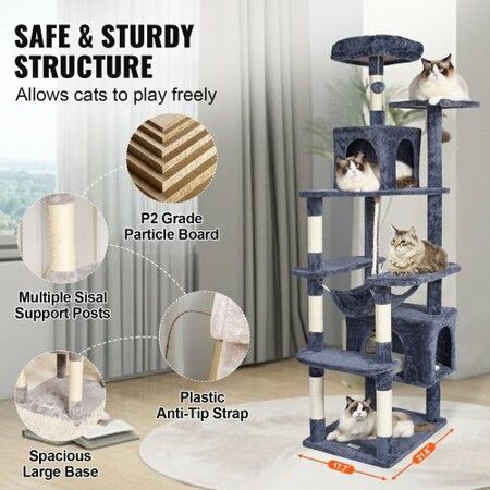 Cat Tree 183cm Cat Tower with 2 Cat Condos Sisal Scratching Post Dark Grey