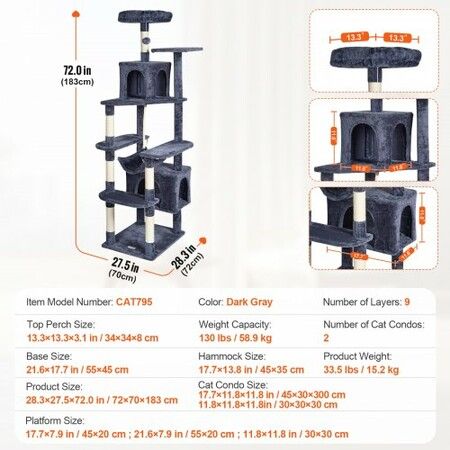 Cat Tree 183cm Cat Tower with 2 Cat Condos Sisal Scratching Post Dark Grey