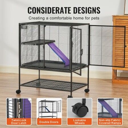 39" Metal Small Animal Cage 2-Tier Rolling Ferret Cage with Tray A Ramp