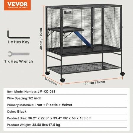 39" Metal Small Animal Cage 2-Tier Rolling Ferret Cage with Tray A Ramp