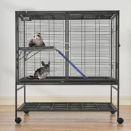 39" Metal Small Animal Cage 2-Tier Rolling Ferret Cage with Tray A Ramp