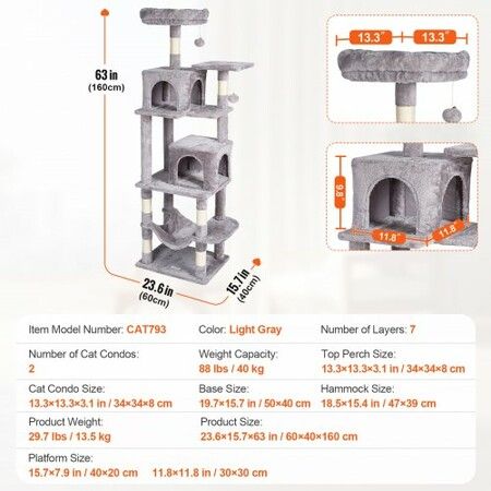 Cat Tree 160 cm Cat Tower with 2 Cat Condos Scratching Post Light Grey