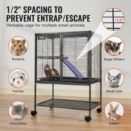 34" Metal Small Animal Cage 2-Tier Rolling Ferret Cage with Tray A Ramp