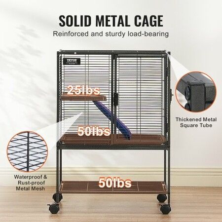 34" Metal Small Animal Cage 2-Tier Rolling Ferret Cage with Tray A Ramp