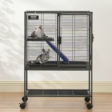 34" Metal Small Animal Cage 2-Tier Rolling Ferret Cage with Tray A Ramp