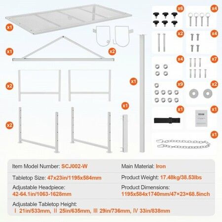 Goat & Sheep Stand, 47x23 inch Livestock Stand, Metal Livestock Milking and Shearing Stand 21" to 33" Adjustable Height, with Headpiece and Nose Loop, 500lbs Loading Weight, White